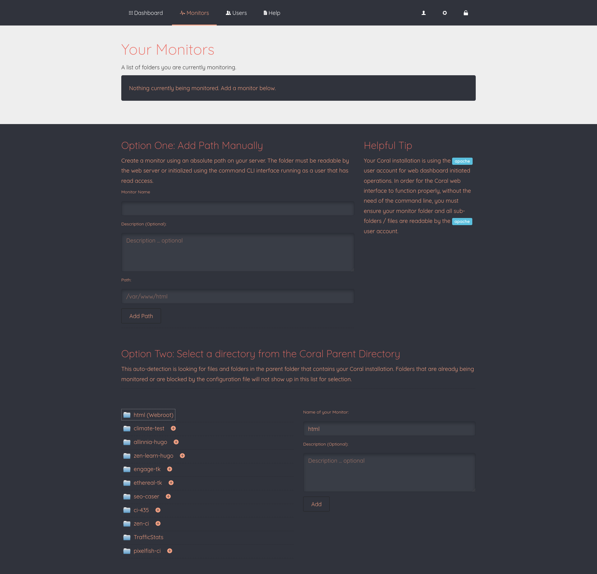 Coral monitors overview and creation page